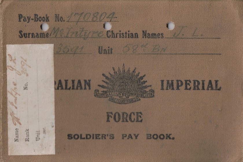 Brown book with printed and handwritten text