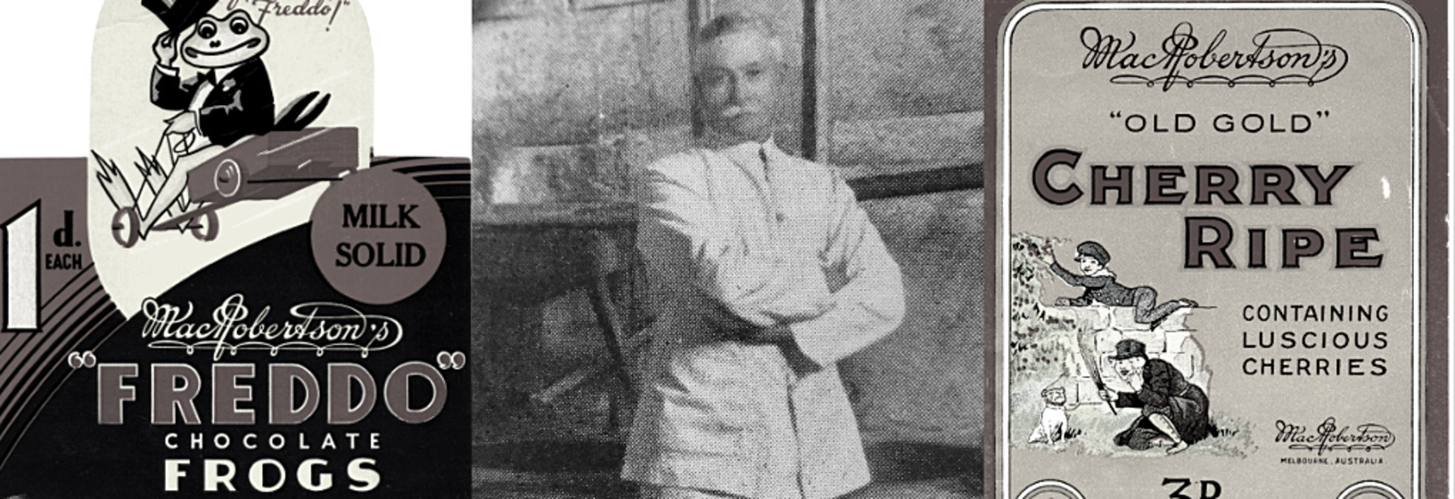 Collage of MacPherson Robertson with freddo frog and cherry ripe labels
