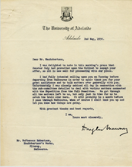 Typed letter on University of Adelaide letterhead