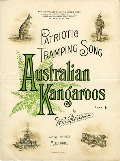 Document with images of a man, kangaroo, plane and ship at each corner