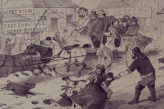depiction of horse-drawn coach arriving in town with mail