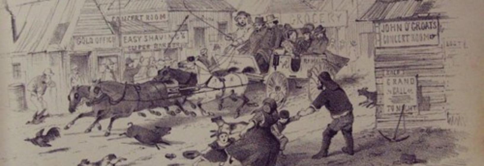 depiction of horse-drawn coach arriving in town with mail