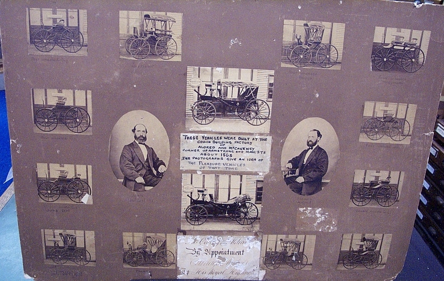 card, mounted with photographs of men and carriages affixed