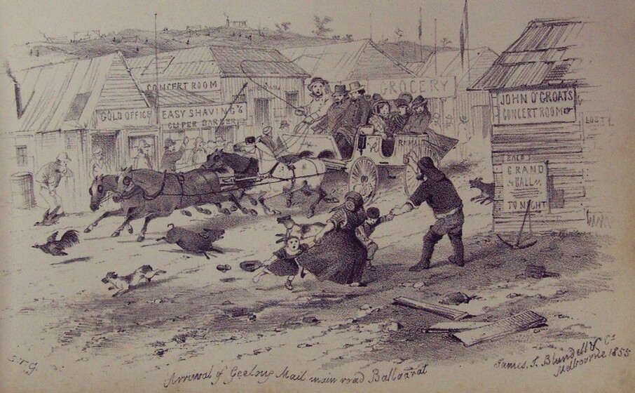 Lithograph of woman and children running from horse-drawn coach