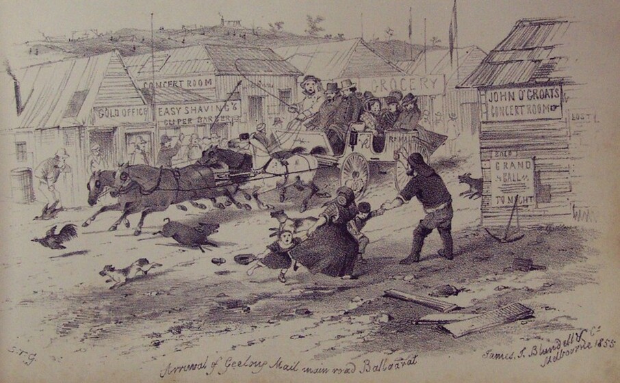 Lithograph of woman and children running from horse-drawn coach