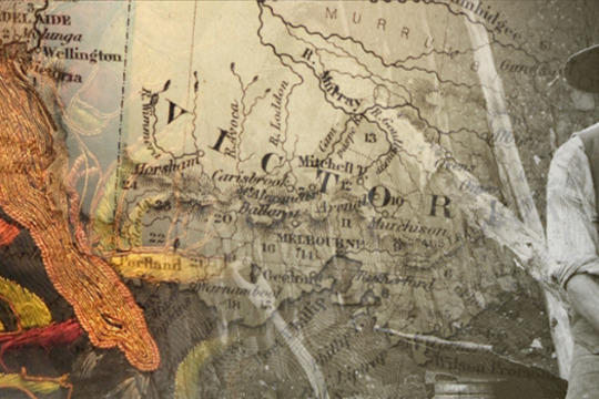 collage of Parade costume jacket, map and photograph