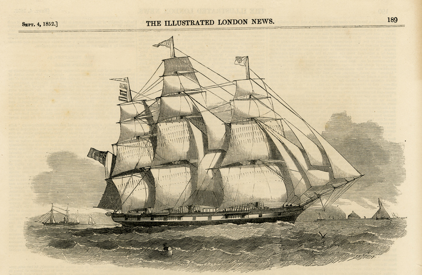 Printed image of a ship with sails