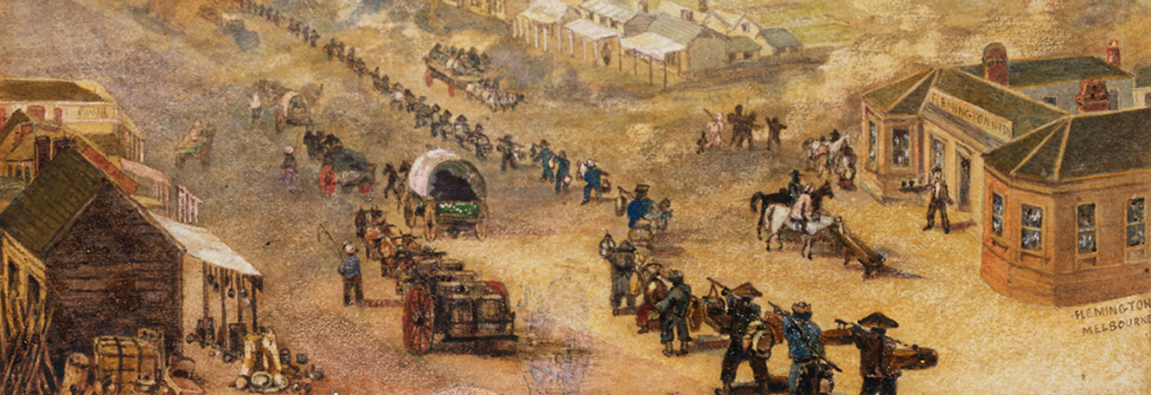 Watercolour of chinese miners travelling into the Goldfields