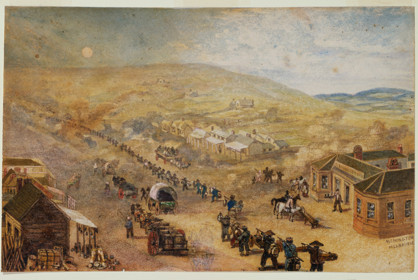 Watercolour painting with people traveling down a road in carts and by foot