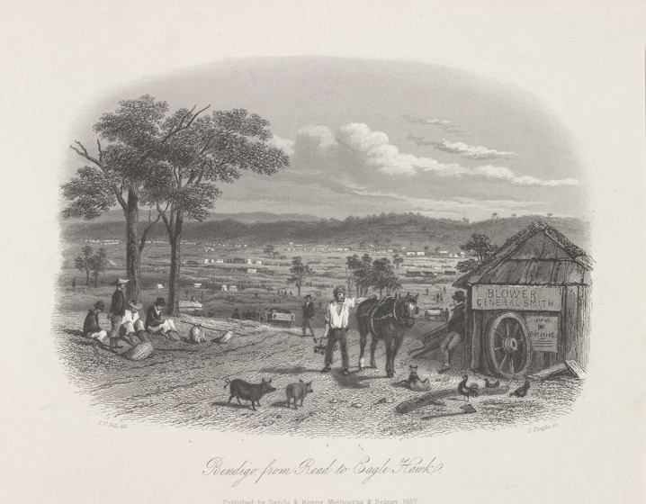 Sketch of farm scene outside of a barn