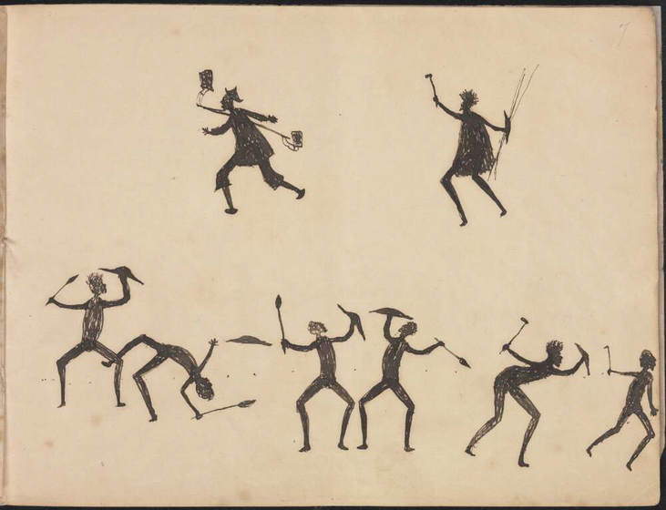 Aboriginal man chasing Chinese man and Aboriginal men fighting