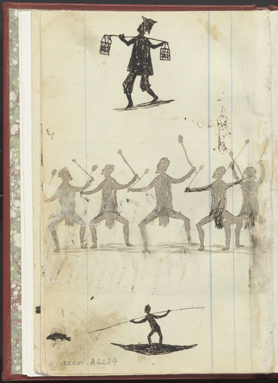Chinese man, Aboriginal men dancing and an Aboriginal man spear-fishing from a canoe