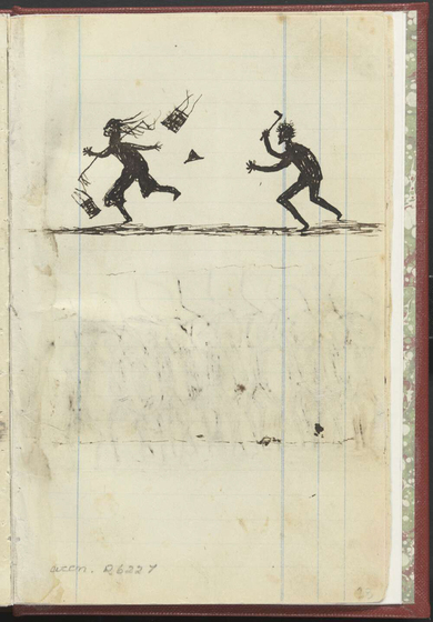 Chinese man fleeing from an Aboriginal man wielding an axe