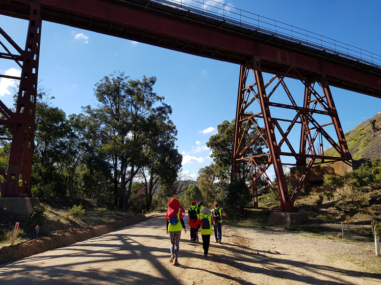 Walkers passing under a rail trestle bridge