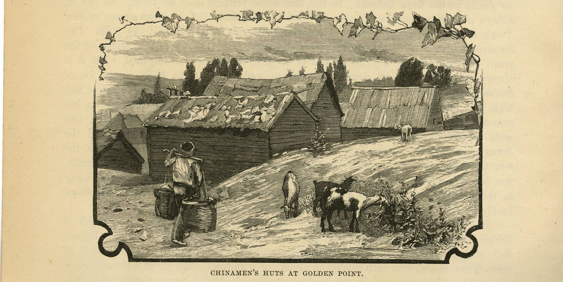 Print of huts on a hill
