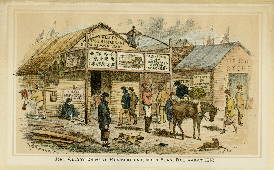 Drawing of a shop with people out front