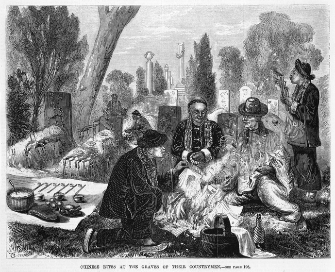 Drawing of people standing around graveside