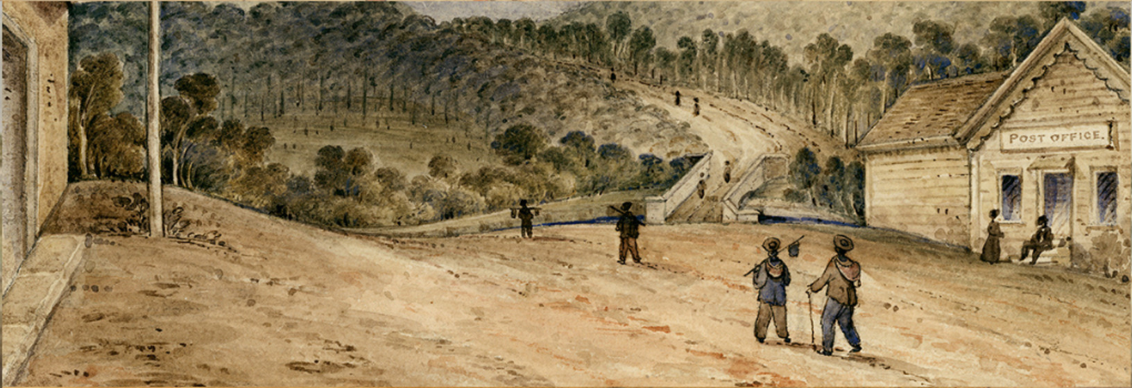 Watercolour, Buckland near the camp, rolling hills landscape with people walking down a path