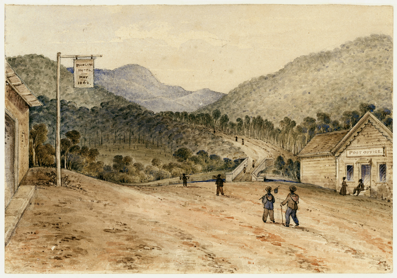 Watercolour of rolling hills landscape with people walking down a path