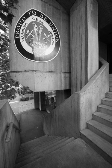 Union crest near a stairwell