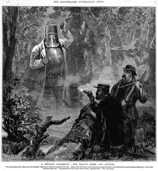 Drawing of Ned Kelly in armour coming out from behind tree