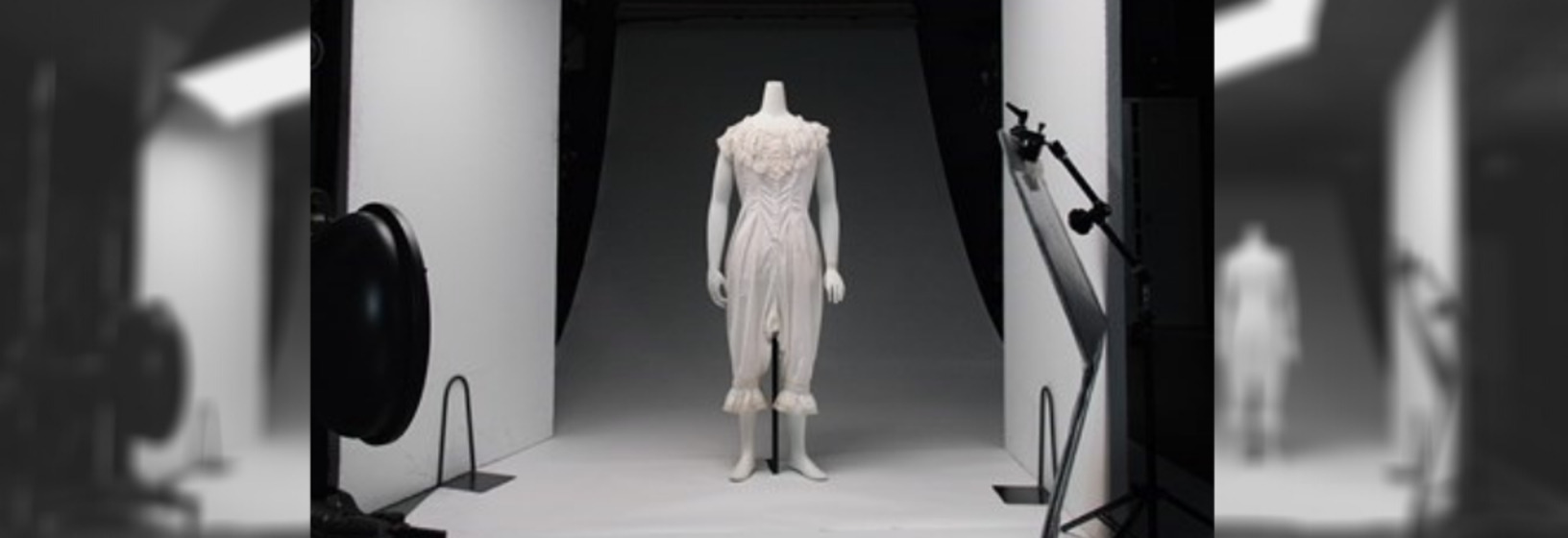 Collage of photography studio set showing lights, bounce boards and mannequin at NGV