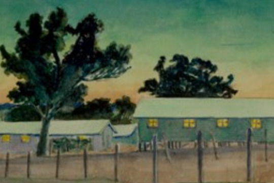 Camp 2 Tatura showing cabins in the rural setting with eucalyptus trees, the moon in a twilight sky