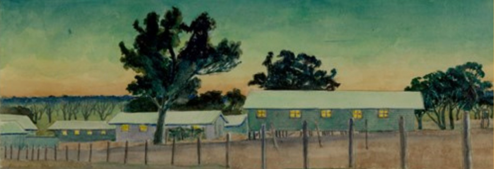 Camp 2 Tatura showing cabins in the rural setting with eucalyptus trees, the moon in a twilight sky