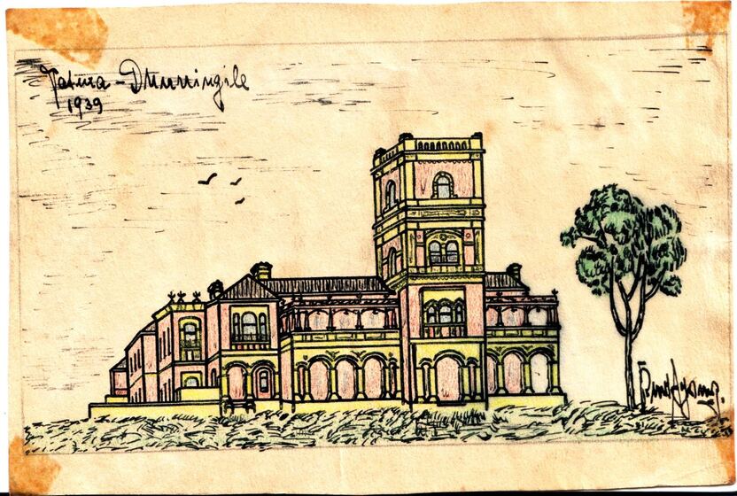Sketch of mansion in ink