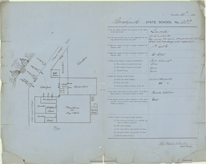 Faded and foxing document featuring ground plans and written description of the school building and purpose.