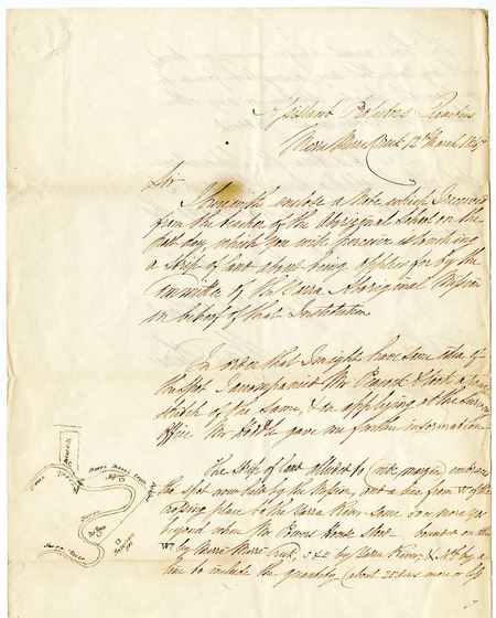 Early handwritten letter (from 1847) faded and foxing, addressed to 'Sir' describing the location of the ‘Mission’ or Merri Creek Aboriginal School including a sketched aerial map of the creek crossing and Protector’s quarters.