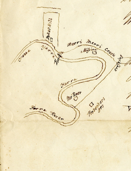 Early handwritten letter (from 1847) faded and foxing, addressed to 'Sir' describing the location of the ‘Mission’ or Merri Creek Aboriginal School including a sketched aerial map of the creek crossing and Protector’s quarters.