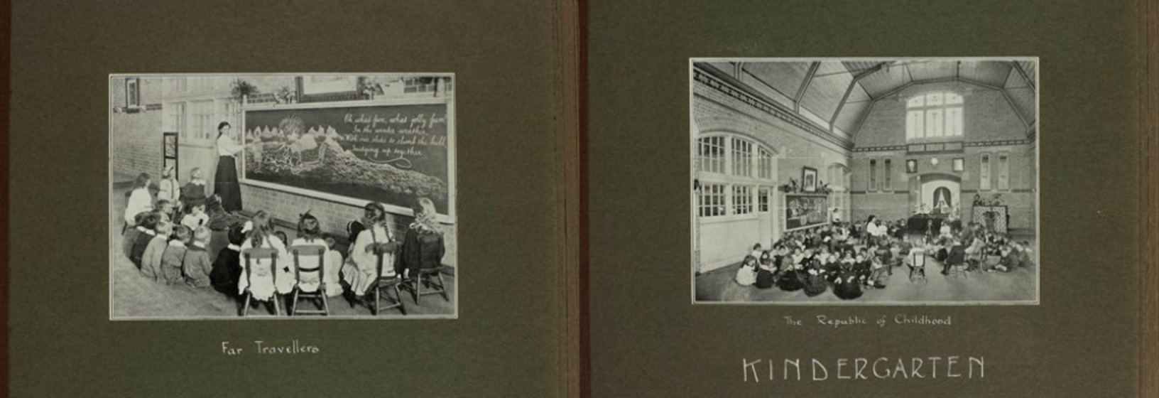 photo album showing two photos of kindergarten students sitting in class