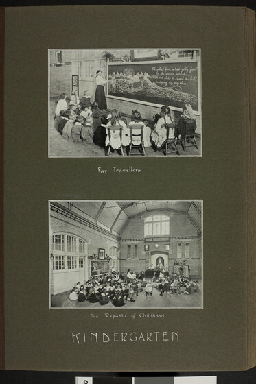 Two early photographs of inside an 1886 kindergarten classroom featuring teachers and children receiving a lesson in front of a blackboard.