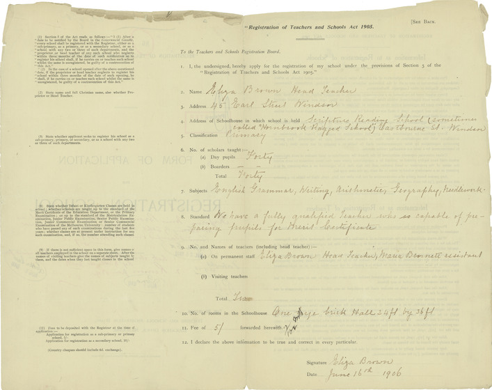 An early registration document, both typed and handwritten, showing the school curriculum - signed and dated 1906