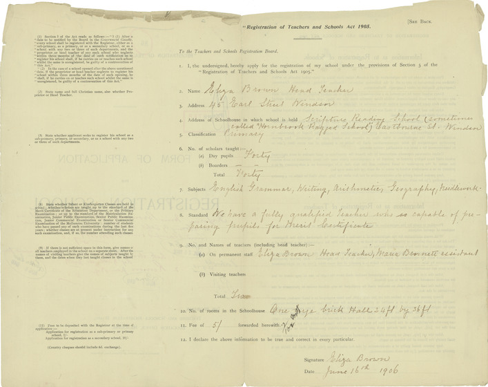 An early registration document, both typed and handwritten, showing the school curriculum - signed and dated 1906