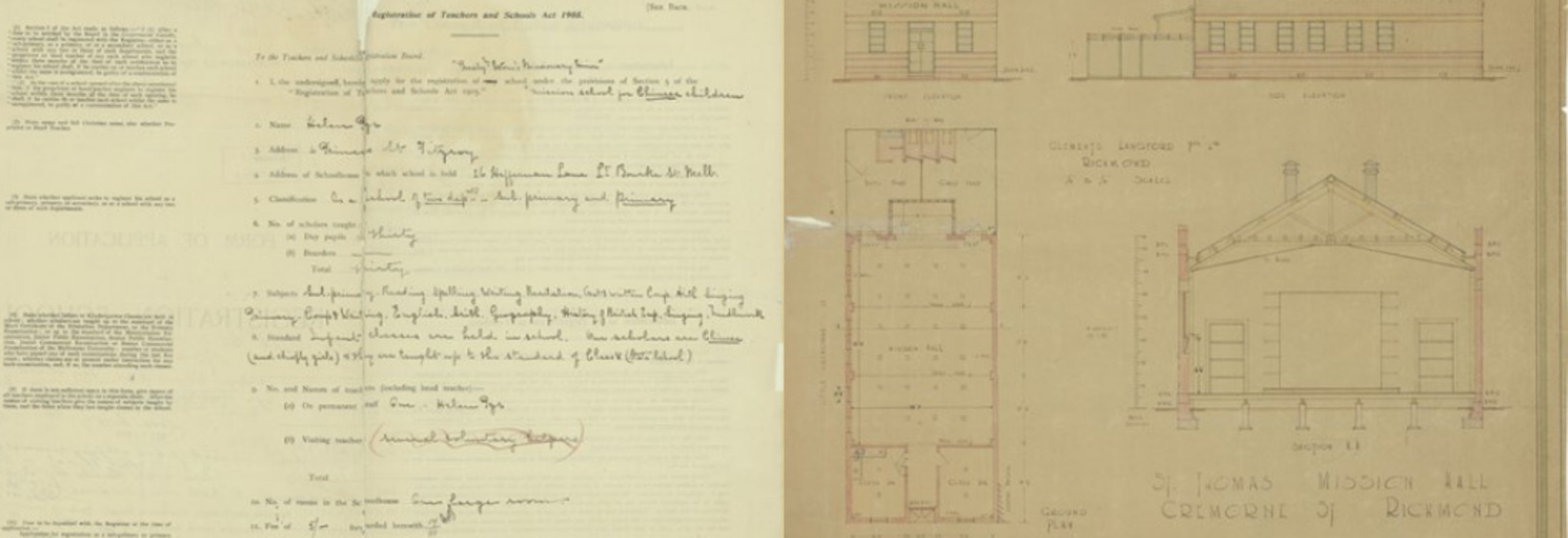 collage of registration form and architectural plans for the Ragged school story