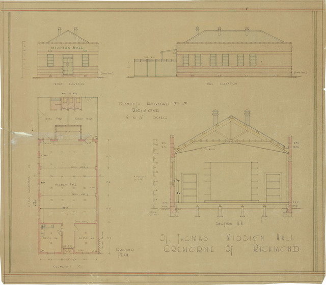 A single page drawing, aged and foxing, of the main hall building from the late 1850s featuring four architectural plans of the structure. 