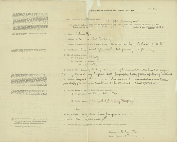 An early registration document, both typed and handwritten, showing the school curriculum - signed and dated 1886