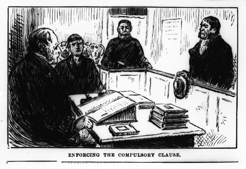A political cartoon featuring a courtroom where three figures are addressing a judge in the case of free and compulsory education.