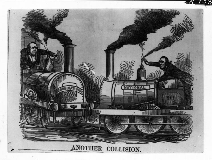 A political cartoon featuring two steam engines (representing Denominational versus National education) colliding head on, with male drivers pointing in blame.