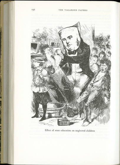 Early political cartoon featuring male character (representing State School system) washing 'neglected [ragged] children' alongside image of a well-dressed child (representing private school system).