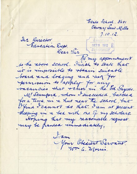 An early handwritten letter from a school teacher concerned about conditions in remote schools.