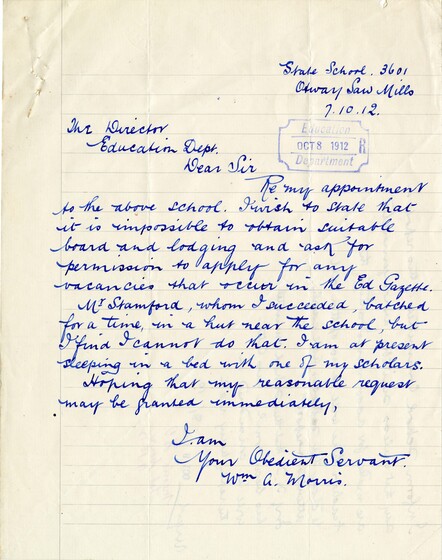 An early handwritten letter from a school teacher concerned about conditions in remote schools.
