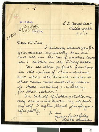 Early handwritten letter addressed to Mr Frank Tate, Director of Education, from Ms Hilda Murray.