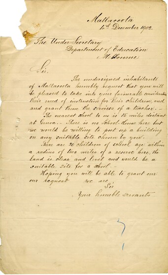 Early handwritten document expressing concerns from Mallacoota residents to the Department of Education.
