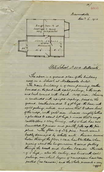 Early handwritten report, including a sketched ground plan, of the State School No. 3515, Mallacoota, 1910.