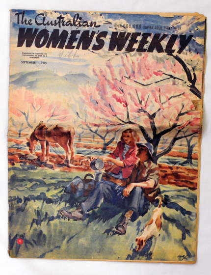 Painted cover with two people in foreground, cow and tress in background