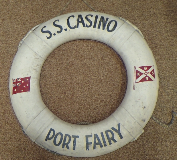 White life saving ring with red motifs
