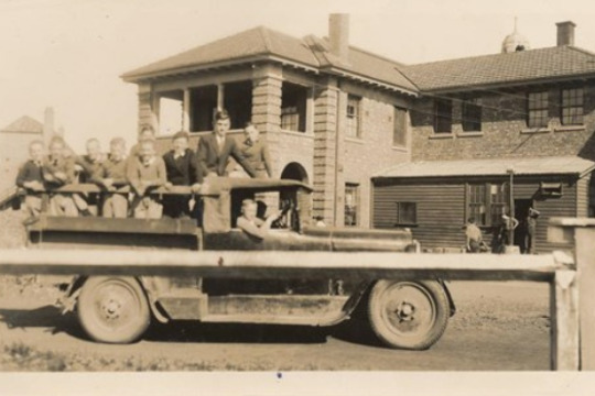 Collage of photo of boys on the back of a truck in front St Paul's Orphanage